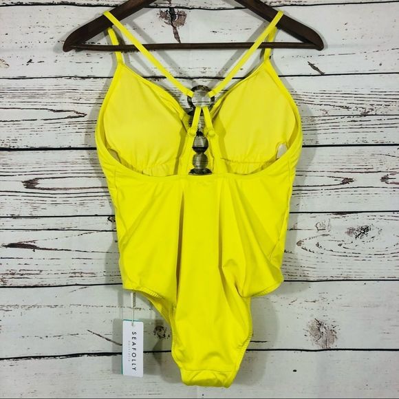 Seafolly Ring Front Maillot One Piece Swim Bathing Suit Limelight Yellow 10 - Picture 5 of 10